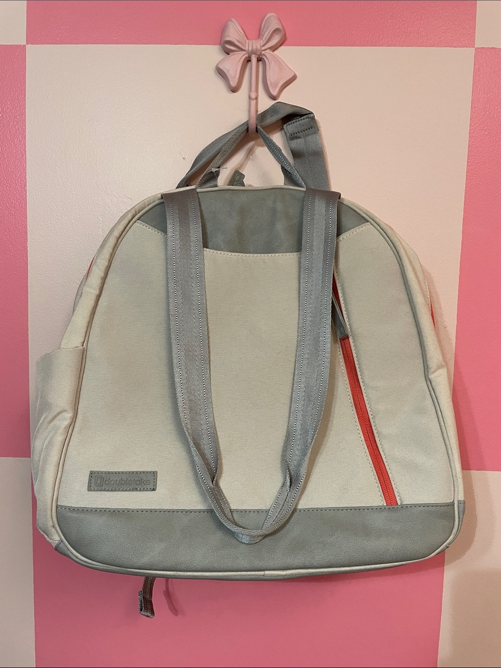 Canvas Backpack Tote in Cream with Gray Trim and Red Zip